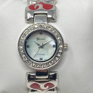 Geneva Heart Watch Women 27mm Silver Tone Cuff Crystals Bling New Battery 6.5"